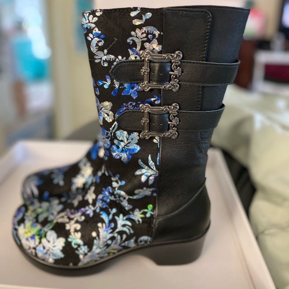 Alegria boots New in box black metallic blue flowers size 38
